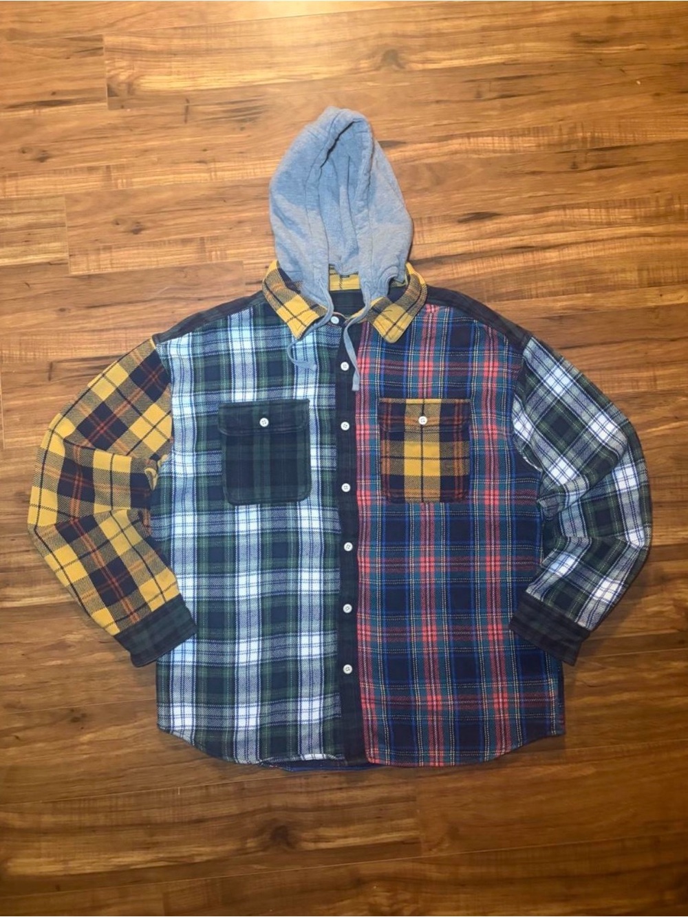 Men's Multi-Color Patchwork Flannel Shirt/Jacket with Detachable Hoodie
